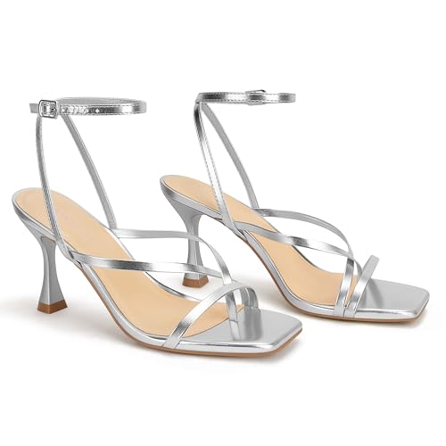 Image of Women's Strappy High Heels Sandals Square Open Toe Ankle Strap Slingback Thong Stilettos Shoes for Wedding