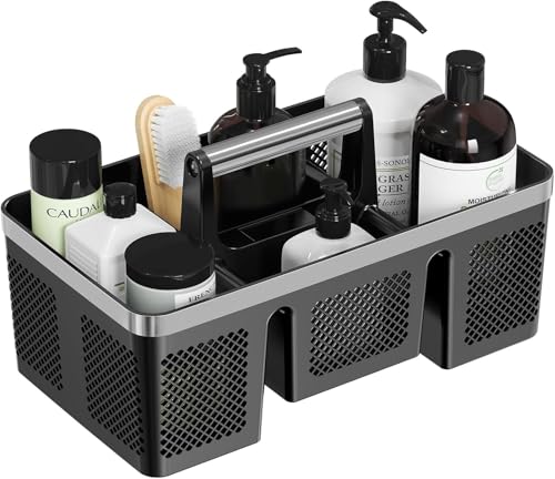 BYUNER Plastic Shower Caddy Dorm: Portable Cleaning & Shower Caddy with Handle 4 Divided Compartments All-Side Drainage Rigid Plastic Basket Tote for College Dorm & Bathroom Use Black/Silver
