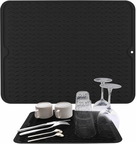 Image of HOMETHREADS Silicone Dish Drying Mat, Silicone Draining Board Mat, Silicone Dish Draining Mats, Kitchen Sink Dish Drainer Mat Racks for Kitchen Counter Protector, (40x30cm Black)