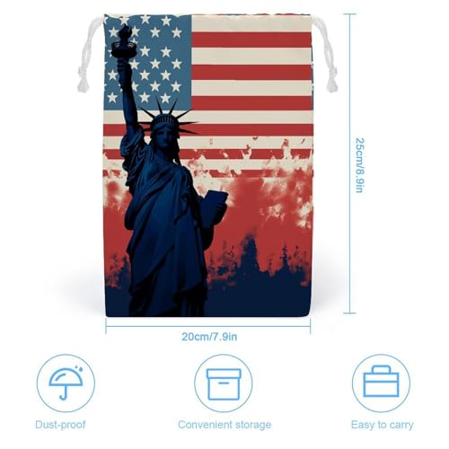 Flag with Silhouette of Lady Liberty Drawstring Storage Bag, Reusable & Stylish Jewelry Pouch, Small Canvas Storage Bag for Travel, Jewelry, Gift, 20 * 25cm2