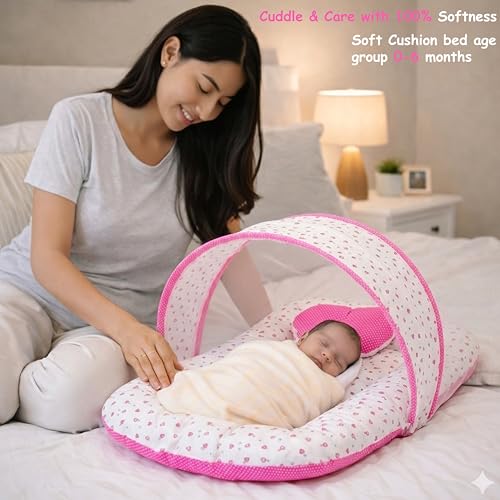 Image of Infantbond Baby Sleeping Essential Reversible Nest|Mattress With Net|Carry Bag(0-6 Months,Total Items:9) (Pink Heart),9 Count