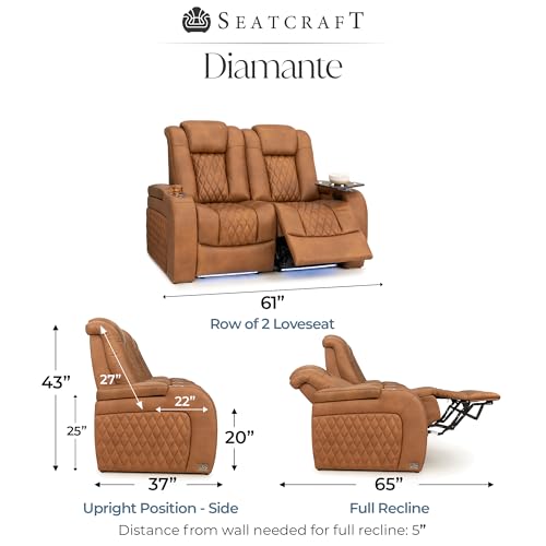 Image of Seatcraft Diamante Tawny Italian Leather Home Theater Seating, Zero Gravity Power Recliner Gaming and Home Office Chair, Powered Headrest Lounge Sofa Furniture for Cinema Room, Row of 2 Loveseats