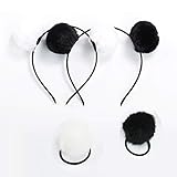 lasenersm 4 Pieces (2 Pairs) Fluffy Furry Pom-Ball Headband and Elastic Hair Ties Fuzzy Faux Fur Animal Ears Double Pom-Headband Pom-Ball Hair Band for Girls and Women
