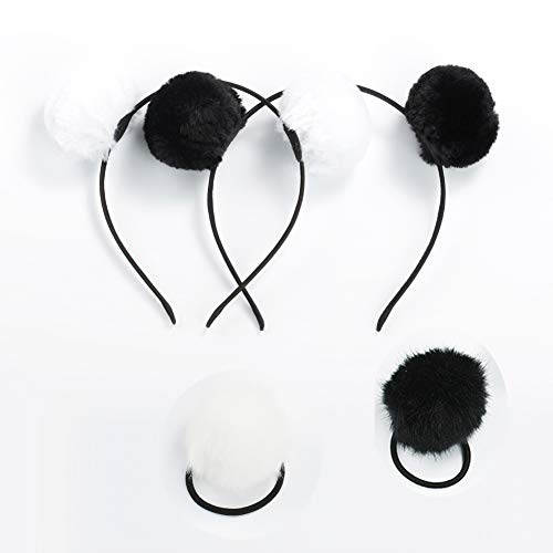Lasenersm 4 Pieces (2 Pairs) Fluffy Furry Pom-Ball Headband And Elastic Hair Ties Fuzzy Faux Fur Animal Ears Double Pom-Headband Pom-Ball Hair Band For Girls And Women #TOP4