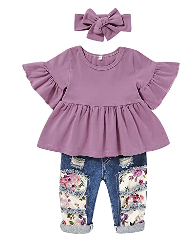 Image of NZRVAWS Toddler Girl Clothes Infant Outfits Ruffle T shirt Ripped Jeans Clothing Little 6 12 18 Months 2 3 4 5 6 7T
