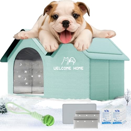 2025 Upgrades Air Conditioned Dog House, Foldable Dog House with Ac Unit, Weatherproof Pet AC House With Removable Pad & 10 Ice Packs, Easy to Clean & Portable, for Small Medium Large Dogs (Green, XL)