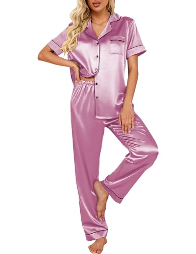 Image of Ekouaer 2 Piece Satin Short Sleeve Pajamas Set Button Down Sleepwear | Soft Pjs Set Classic Loungewear for Wedding, Party, Home, Daily Wear, Date Nights