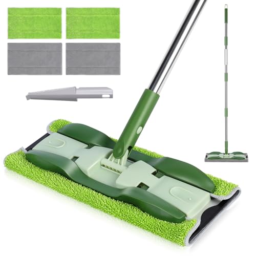 Masthome Microfibre Flat Mop - 360° Swivel Head - Stainless Steel Extendable Handle - 4 Reusable Double-Sided Pads and Dirt Removal Scrubber - For Hardwood, Laminate, Tile and Marble Floors