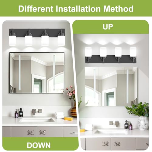 Image of Bathroom Light Fixtures, Matte Black Bathroom Lighting Fixtures Over Mirror, Modern Vanity Light with White Glass Shade, Restroom Lighting Fixtures, 4-Light 30-inch