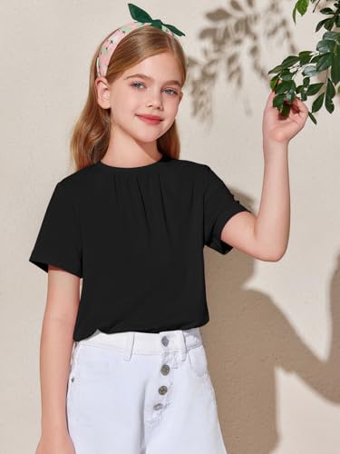 Image of Haloumoning Girls Short Sleeve T Shirts Kids Summer Pleated Tops Casual Crewneck Tees 5-14 Years