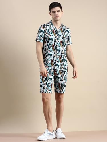 Image of SHOWOFFFF Men Printed Two-Piece Co Ords | Cuban Collar Half Sleeves Cotton Co-Ords for Mens | Mid-Rise Relaxed Fit Regular Length Co-Ord for Men's