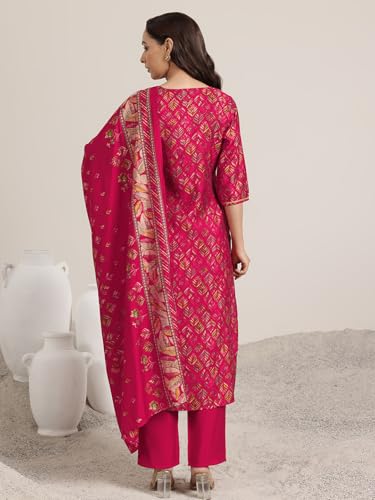 Image of Gerua by Libas Printed Silk Blend Straight Kurta With Trouser and Dupatta | Ethnic Wear |Wedding Dress | Ocassion Wear