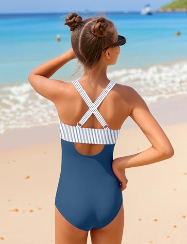Image of Girl Swimsuit One Piece Cutout Ruched Bathing Suit for Girls Color Block Adjustable Straps Pad Swimwear 9-18y
