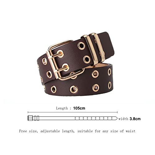 Double Grommet Belt PU Leather Punk Belt for Women Men Jeans 2 Hole Belts, Brown, Free Size3