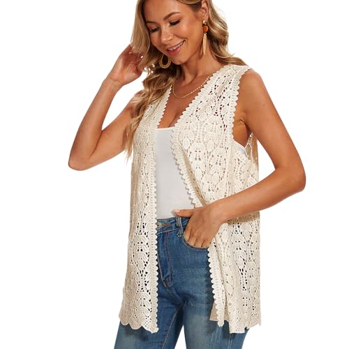 Image of Womens Floral Crochet Lace Boho Trim Sleeveless Open Front Vest Cardigan