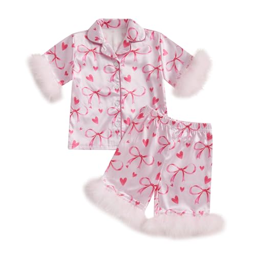 fyclemt Toddler Baby Girls Summer Silk Pjs Feather Trim Short Sleeve Shirt Shorts Satin Pajama Set Pjs Sleepwear Nightgown