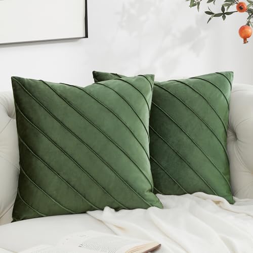 Image of GIGIZAZA Decorative Velvet Pillow Covers 18x18, Set of 2 Olive Green Sofa Couch Throw Pillows Covers Cases, Living Room Square Cushion Accent Stripe Covers