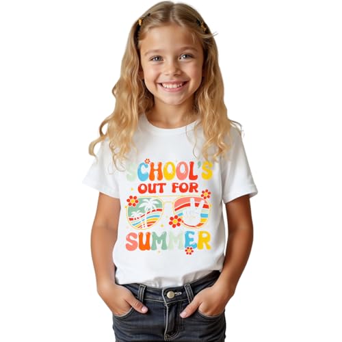Image of MODNTOGA Girl Last Day of School Shirt Big Kid School's Out for Summer T-Shirt Flower Sunglasses Graphic Short Sleeve Tee Top (White, 10-11 Years)