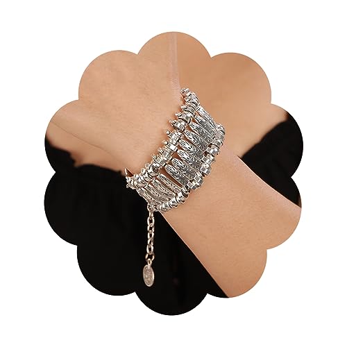 Wiwpar Boho Chunky Vintage Silver Turkish Geometric Link Statement Bracelet Bohemian Tribal Ethnic Wide Cuff Bracelets Bangle Jewelry Gifts for Women
