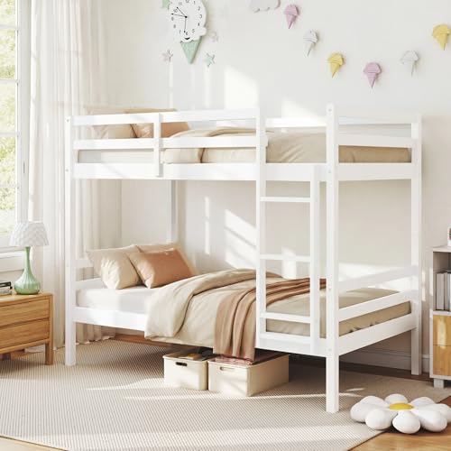 Image of Softa Twin Over Twin Bunk Bed for Kids, Solid Wood Bunk Bed Frame, 13 inch High Guardrails and Ladder, 400 lbs Weight Capacity, 11.9 inch Under-Bed Storage, No Box Spring Needed