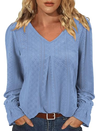 KISSMODA Long Sleeve Fall Shirts For Women V Neck Tunic Tops Embroidered Button Down Knitted Blouses 2025