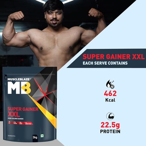 Image of MuscleBlaze Super Gainer XXL Powder, Chocolate (30 Servings, 3kg / 6.6lbs) | 15g Protein, 75g Carbs Per Scoop | High Protein Muscle Mass Gainer