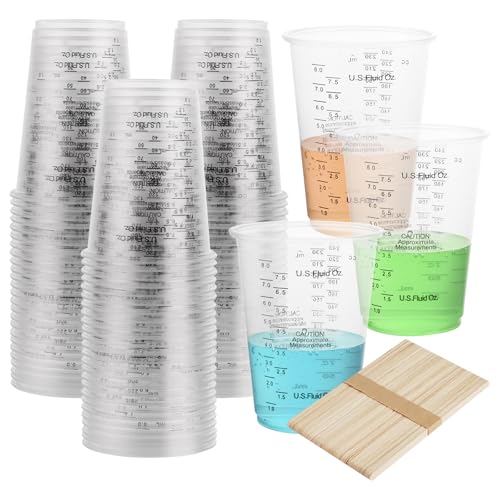 GBACHOOSE 100Pcs Resin Mixing Cups Plastic Measuring Cups with Scale 240ml/8oz Mixing Cups with Stirrers Sticks for Paint Graduated Pigment Liquids