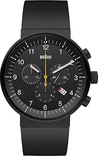 Braun Mens Prestige Chronograph with Date Analogue Quartz Watch, Black Dial and Rubber Strap, 43mm Black Stainless Steel Case, Model BN0095BKBKBKG.