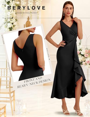 Image of BeryLove Formal Wedding Guest Evening Midi Ruffle Dresses Prom Cocktail Party Mother of The Bride Dress
