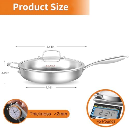 DELARLO Tri-Ply Stainless Steel Pan with Lid 12inch丨Compatible with All Cooktops Up to 600℉丨Stainless Steel Skillet 12 inch丨Heavy Duty丨Frying Pan with Lid丨18/10 Large Cooking Surface - Thumbnail 4