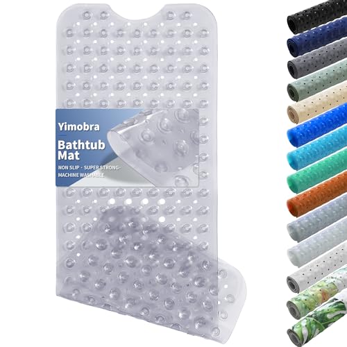 Yimobra Non Slip Bathtub Mat 40'x16', Super Strong Suction Cups, Extra Long Shower Mat with Drain Holes, Machine Washable Fast Draining Bathroom Floor Mat, Clear Grey