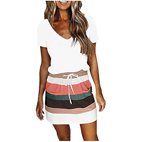 feftops Mujer Verano Vestido de Rayas Con Cuello En V Casual Estampado Vestido Corto Sin Mangas Cover
