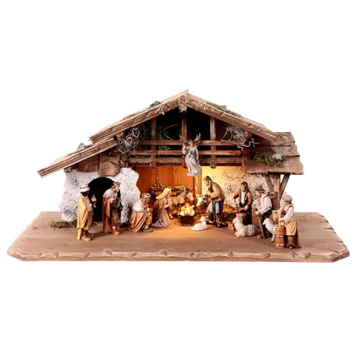 Holyart Alpine Hut Lighting Set 17 Pieces 12 cm Heimatland Nativity Scene Wood Painted Val Gardena