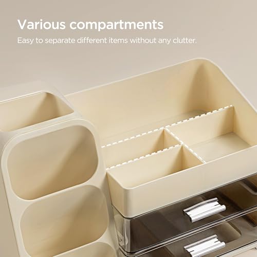 Image of HBlife Makeup Organizer with Brush Holder for Vanity, Large Plastic Bathroom Countertop Organizer Skin Care Storage, Easy to Store Lipsticks, Nail Polishes, Perfumes, Eyeshadow Palettes, Beige