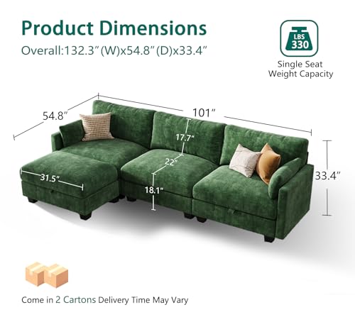 Image of Modular Sectional Sofa, 101 inch L Shaped Couch with Storage | High Resilience Foam, 22 inch Seat Depth, Movable Ottoman, Comfy Chenille, Easy Assembly, Green