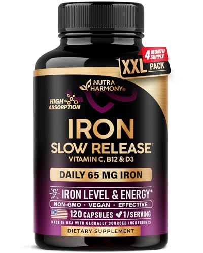 Image of Iron Supplement for Women - Iron 65mg (Ferrous Sulfate 325mg) - 120 Caps | Iron Level & Energy Support - Vitamins C, D3, B6, B12 & Folate - Stomach Friendly, Slow Release, Bioavailable, 120-Day Supply
