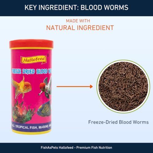 Image of Hallofeed Freeze Dried Blood Worms | Net Weight 55 Grams | 100% Natural Fish Food for Betta, Tetras, Arowana, Flowerhorn, Oscar - Improves Health & Immunity