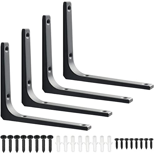 6 Pack Wall L Brackets, Oeekoi 4 X 4 Inch Metal Corner Brace Shelf Support, Countertop Supports for DIY Floating Shelf (Black)