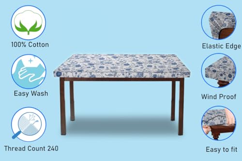 Image of The Furnishing Tree Elastic Cotton Rectangular Dining Table Cover 30x48 in Inches Floral Blue on White Base