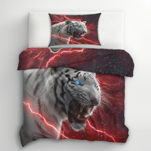 Housse de couette 200x200 tigre blanc parure de lit microfibre réversible 2 personnes - 4