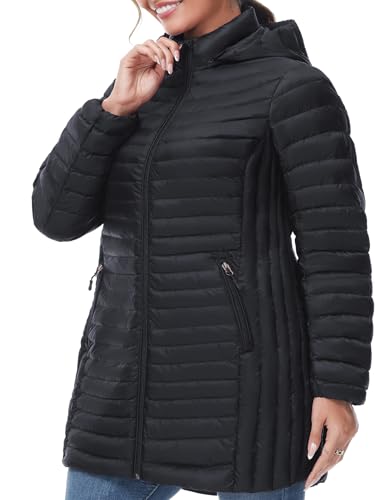 SLOW DOWN Women Plus Size Ultra Light Down Jacket Packable Puffer Jacket Coat Hooded Mid Length Winter Outwear2