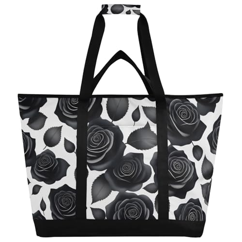 Large Insulated Reusable Tote Bag Roses Black White Seamless for Grocery Shopping for Women Men, Cooler Bag with Zippered Top & Handles for Travel Beach Picnic