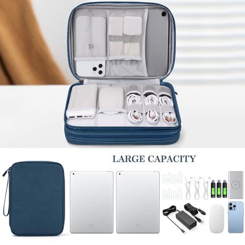 Image of FYY Electronic Organizer, Extra Large Travel Cable Organizer Bag Pouch Portable Waterproof Double Layers All-in-One Storage Bag for iPad, Cable, Power Bank, Laptop Charger for Office /Home, Navy