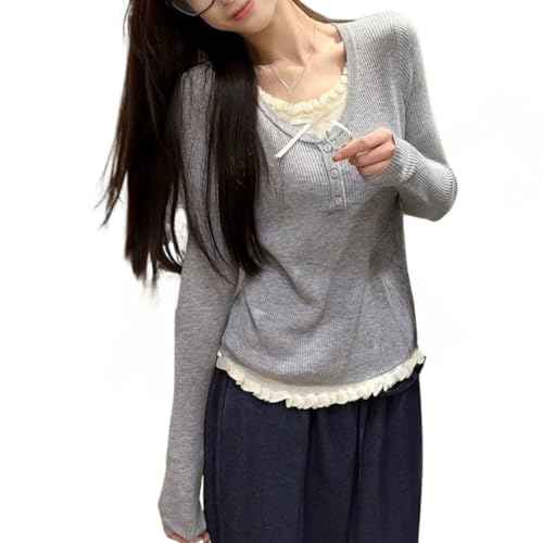 Women Coquette Long Sleeve Shirts Cute Lace Ruffle Bow Tie Cropped Sweater Y2K Fairy Grunge Vintage Y2K Top Baby Tees