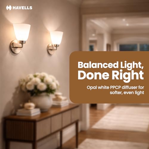 Image of Havells Floretine Indoor Wall Light | Brushed Nickel MS Frame & Opal White Diffuser | B22 Holder Compatible | Elegant Lighting for Bedrooms, Living Rooms & Hallways