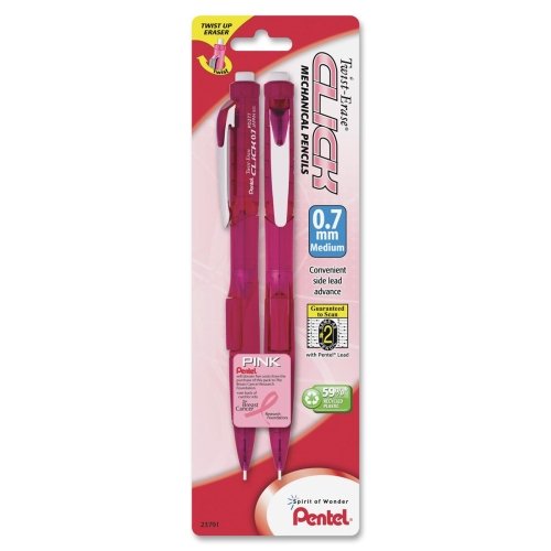 Pentel Twist-Erase Click Mechanical Pencil - #2, HB Pencil Grade - 0.7 mm Lead Size - Pink Barrel - 2 / Pack