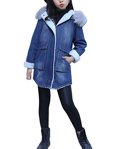 Qinni-shop Girls Blue Denim Jacket Sherpa Lining Faux Fur Winter Long Denim Coat Outwear (Blue, 10)