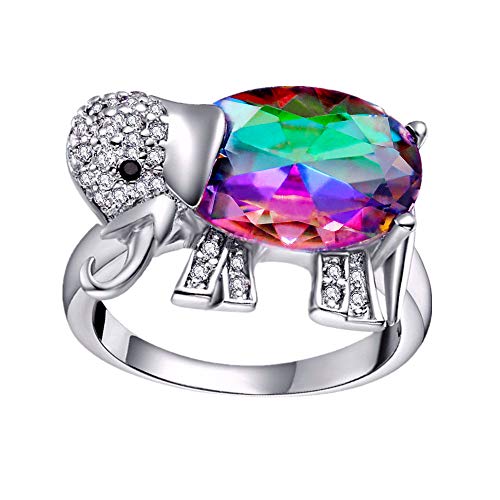 Uloveido Cubique Zircone Mode Animal Grand Arc en Ciel Mystique Topaze Cristal Anneaux Éléphant Anneau Pâques Jour Cadeau pour Les Femmes Parti Bijoux...