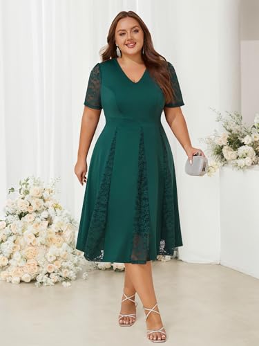 ZNU Women’s Plus Size Wedding Guests Dresses for Formal Lace Short Sleeve V-Neck Cocktail Evening Party Dress Midi Dress3