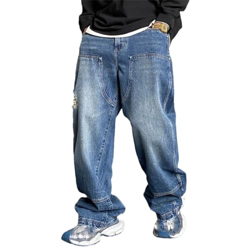 Men’S Trendy Hip Hop Baggy Ripped Skateboard Denim Pants Slim Fit Full Length Button Fly Distressed Casual Trousers